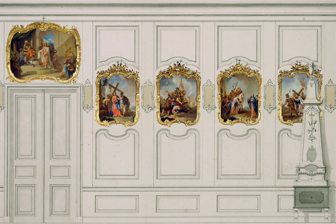 Die Ostwand der Kapelle zeigt fünf von etwa 14 Kreuzwegbildern »via crucis«, die sich heute im Prozessionsumgang der Kathedrale in Dresden befinden.