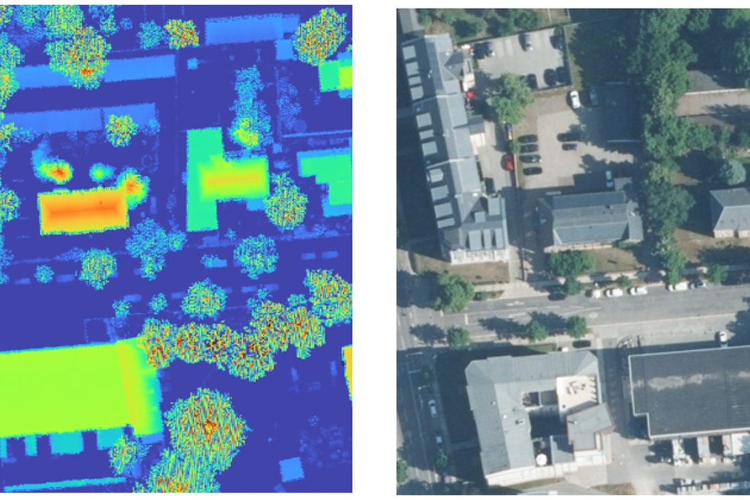 Die Gegenüberstellung von zwei Ansichten einer Siedlung zeigt links die Gebäudehöhen im Höheninformationsdienst nDOM und im Vergleich dazu rechts die Draufsicht im Digitalen Orthophoto bzw. Luftbild.