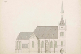 Foto: Julius Northoff unter Leitung von Carl Moritz Haenel · Schlosskirche Chemnitz, Aufriss der Nordseite mit Portal · um 1868
