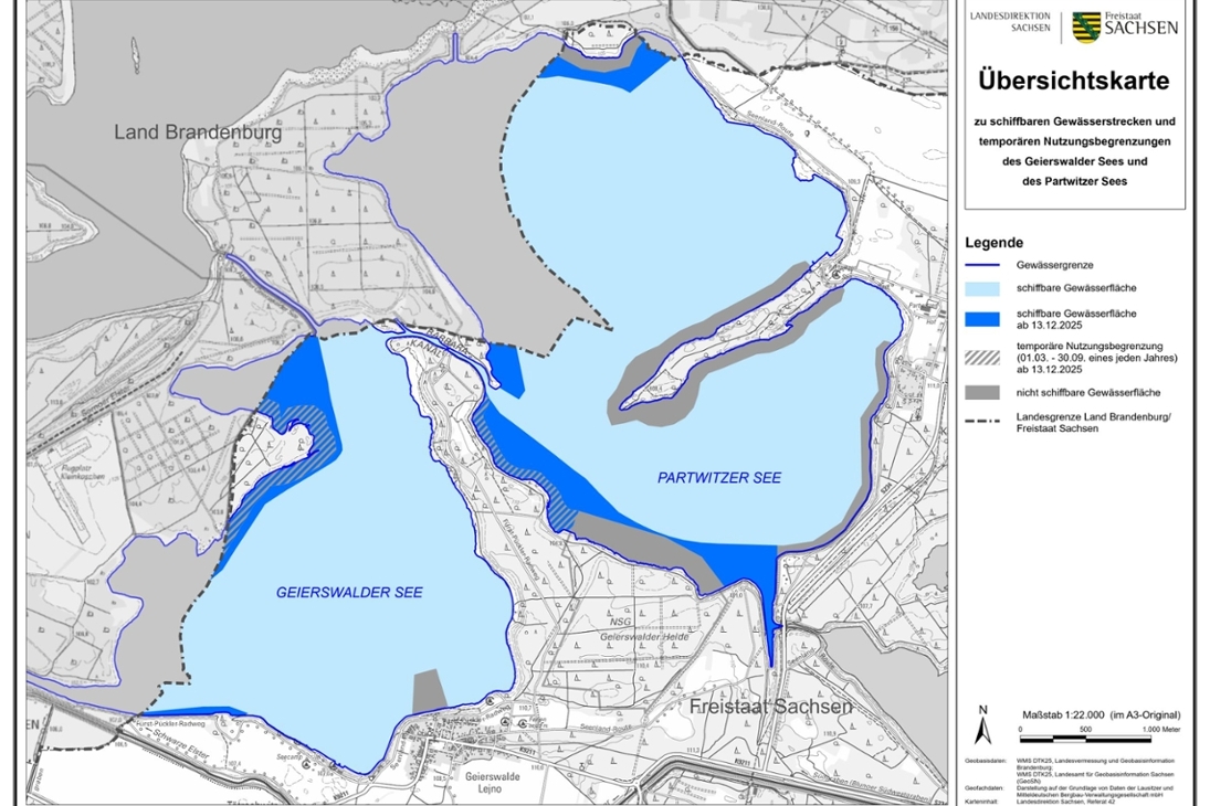 Übersichtskarte über die schiffbaren Gewässerstrecken auf dem Geierswalder See und Partwitzer See (Stand 12. Dezember 2025)