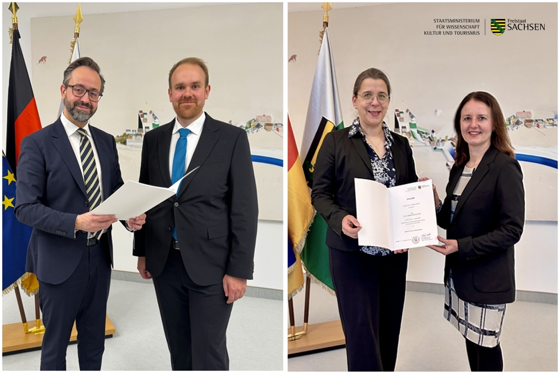 Im Bild links: Wissenschaftsminister Sebastian Gemkow überreicht Dr. Michael Schmischke die Ernennungsurkunde als neuer Kanzler der HfM Dresden
im Bild rechts: Wissenschaftsstaatssekretärin Prof. Heike Graßmann überreicht Dr. Claudia Schlüter die Ernennungsurkunde als neue Kanzlerin der HMT Leipzig