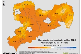 Foto: Jahresniederschlag 2025 (Abweichungen im Vergleich zur Referenzperiode 1961-1990)