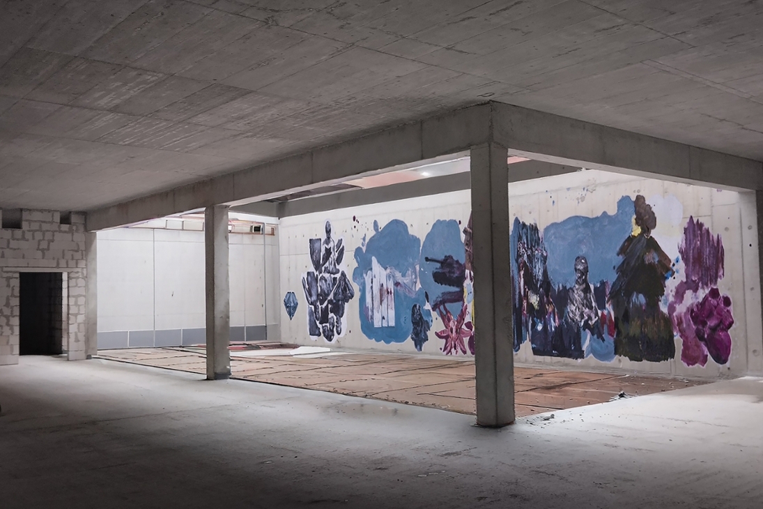 Derzeitiges Baustellenfoto mit eingefügtem zukünftigem Gemälde.