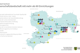 Foto: Die Sachsen-Karte gibt einen Überblick über die Dichte von Hochschulen und außeruniversitären Forschungseinrichtungen.