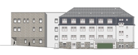 Foto: Planerische Darstellung der Südost-Ansicht des künftigen Finanzamtes (Rechts: saniertes Bestandsgebäude, Links: geplanter Neubau mit Verbindungsbau)