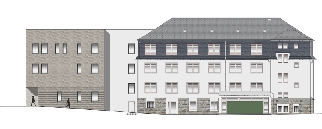 Planerische Darstellung der Südost-Ansicht des künftigen Finanzamtes (Rechts: saniertes Bestandsgebäude, Links: geplanter Neubau mit Verbindungsbau)