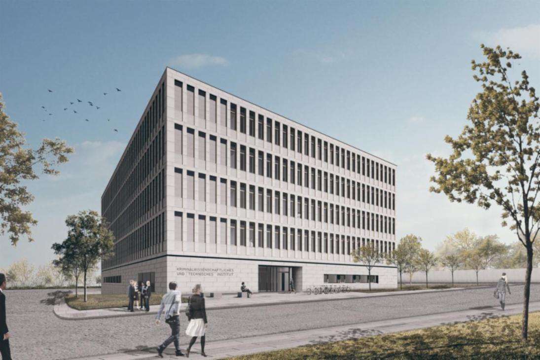 Das hochmoderne Gebäude des Kriminalwissenschaftlichen und –technischen Instituts des Landeskriminalamtes Sachsen.
Diese Visualisierung ist rechtefrei verwendbar.