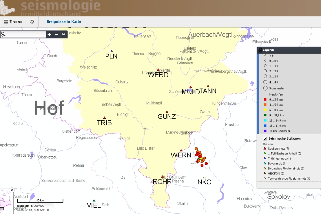 Die Karte zeigt das Herdgebiet nördlich von Novy Kostel bei Luby in Tschechien.
